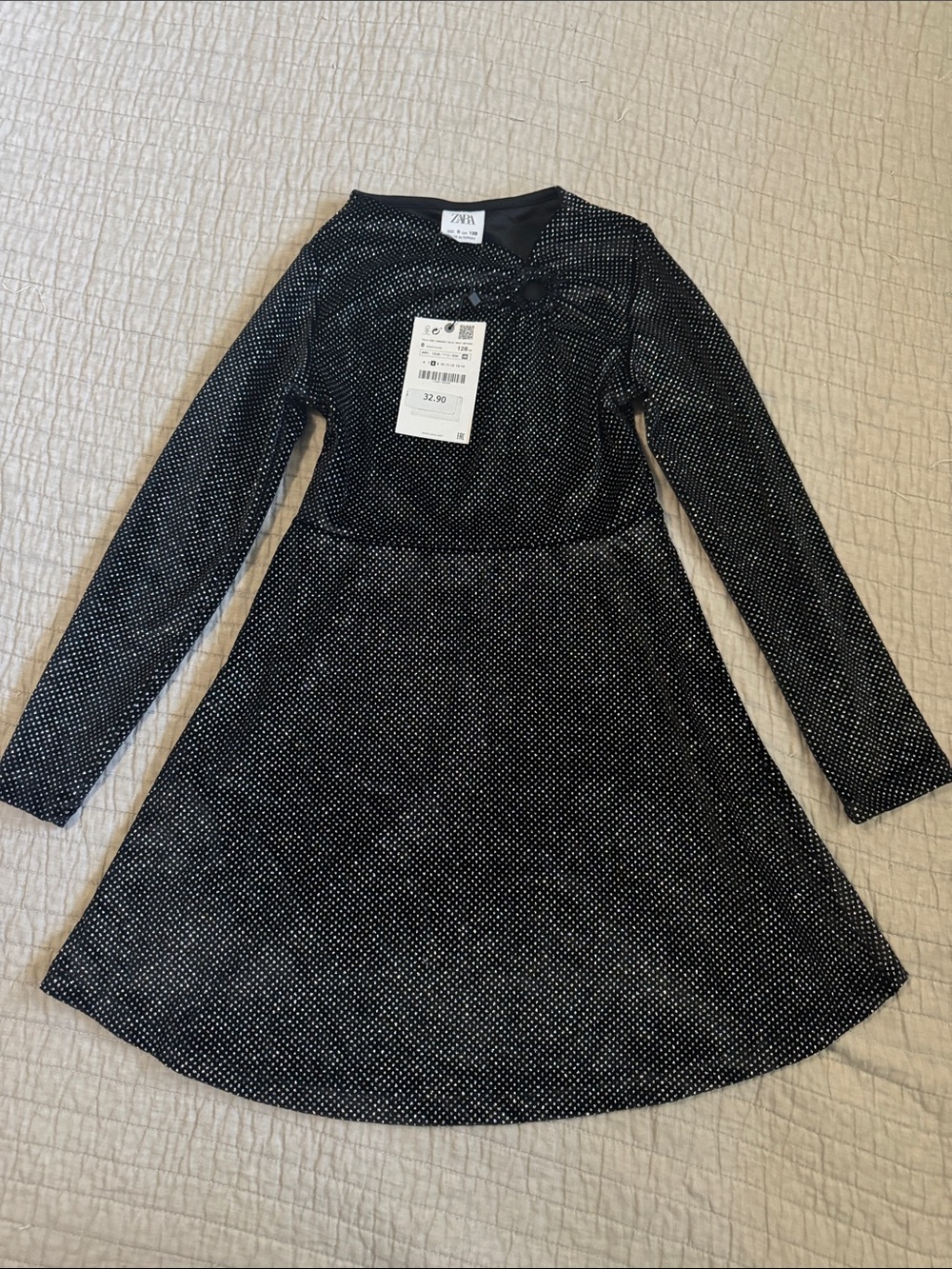 Zara Black Dress with Silver Metallic Dots - Girls Long Sleeve
